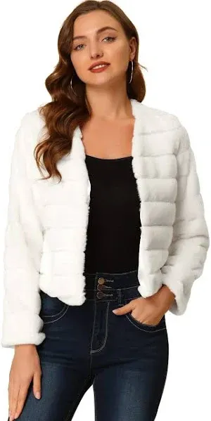 Allegra K Women's Winter Warm Cropped Jacket Collarless Faux Fur Fluffy Coat