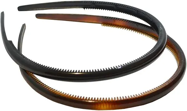 Parcelona French Thin Set of 2 Tortoise Shell Brown and Black Comb Hair Headbands with Inner Teeth Nibs