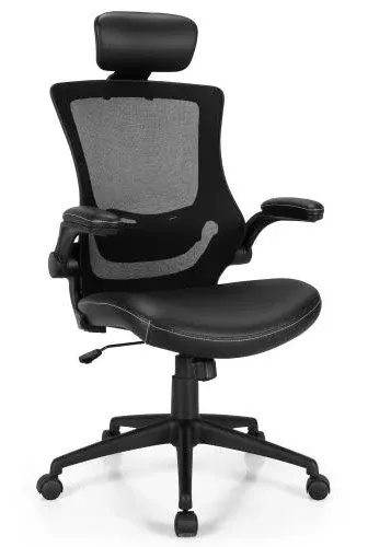 Costway Mesh Back Adjustable Swivel Office Chair w/ Flip up Arms Leather Seat