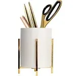 pencil cup Sturdy metal frame with white ceramic pen holder For 4.5inch Gold