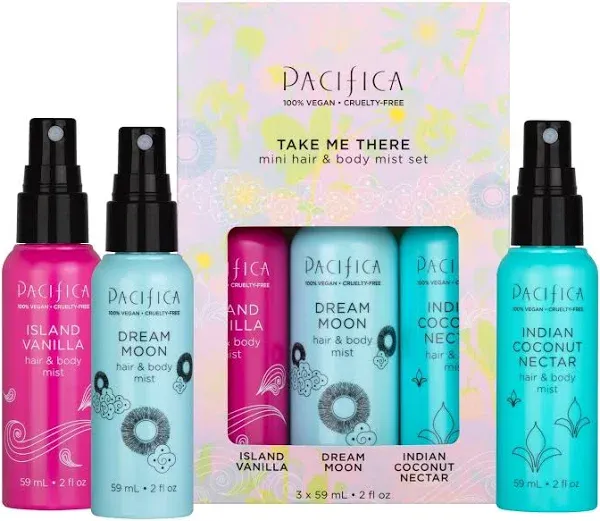 Pacifica Beauty Take Me There Hair & Body Mist Travel Size, Gift Set, Fragrance, Perfume Body Spray, Island Vanilla, Dream Moon, Silver Moon, Vegan, 2 fl oz each (Set of 3)