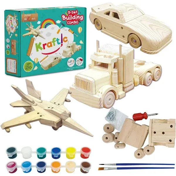 Kraftic Woodworking Building Kit for Kids and Adults, 3 Educational DIY Carpentry Construction Wood Model Kit Toy Projects for Boys and Girls