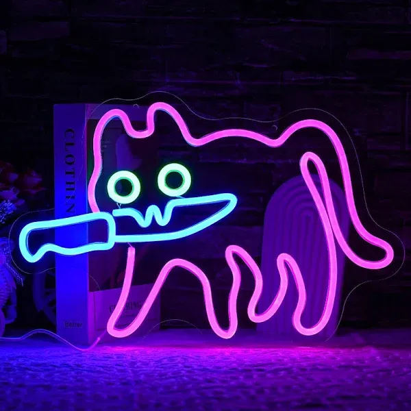 LULANMP Sneaky Cat Neon Sign for Wall Decor Knife Neon Light Adorable LED Neon Sign for Bedroom Zoo Cat Cafe Cat House Store Restaurant Home Kitchen