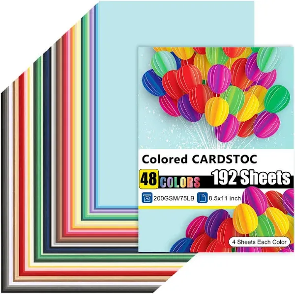 192 Sheets Colored Cardstock 48 Colors, 8.5x11 Color Cardstock Bulk, 200gsm/75lb Assorted Colors Construction Paper for Printing, Card Making, Die Cutting, Crafts, Scrapbooking, Party Decorations