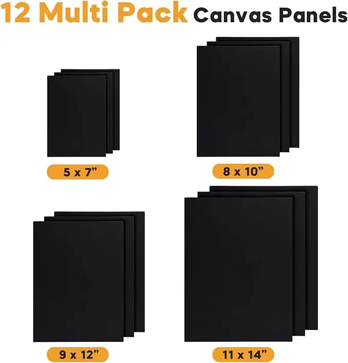 Black Canvas Board for Painting, 12 Pack Multi Size 11x14, 9x12, 8x10, 5x7(3 ...