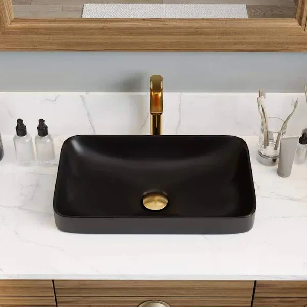 DeerValley Vessel Sink Rectangular, 18.9"x11.61" White Semi Recessed Bathroom Sink with Black Rim Ceramic Porcelain Rectangle Bathroom Vessel Sink Above Counter Vanity Sink Basin DV-1V0235