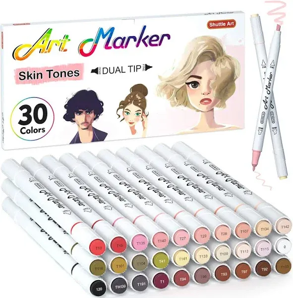 Shuttle Art 30 Colors Skin Tone&Hair Art Markers, Dual Tip Alcohol Based Flesh Color Marker Pen Set Contains 1 Blender Perfect for Kids & Adults