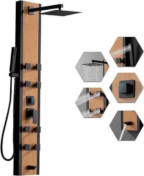 BWE Stainless Steel Shower Panel Tower System 8 Jets Multi-Function Shower Panel System Black and Bamboo Panel with Handheld Wand Wall Mount Shower Column