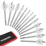 WorkPro 13 Piece Spade Drill Bit Set in SAE, Paddle Flat Bits for Woodworking, Nylon Storage Pouch Included