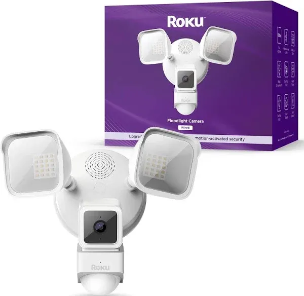 Roku Floodlight Camera for Home Security, Wired Outdoor Security Camera with 270° 1080p HD Night Vision, Dimmable Floodlights, Motion & Sound Detection, Remote Monitoring, 90-Day Subscription Included