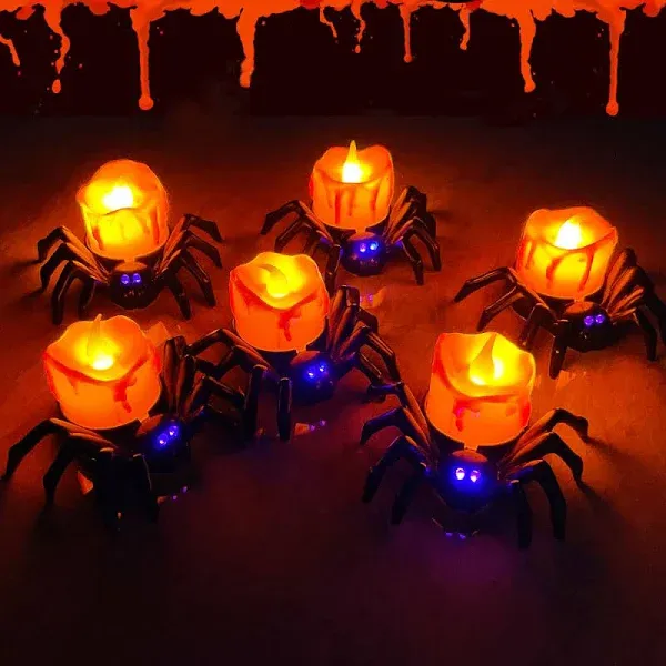 6 Pack Halloween Flameless LED Candle Lights, 3D Spider LED Tealight Candles with Bright Warm Yellow&Purple Lights, Battery Operated Led Decorative Candle Lights for Home, Halloween, Christmas Decor