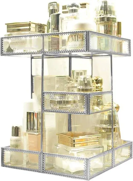 360 Degree Rotation Makeup Organizer Antique Countertop Cosmetic Storage Box Mirror Glass Beauty Display