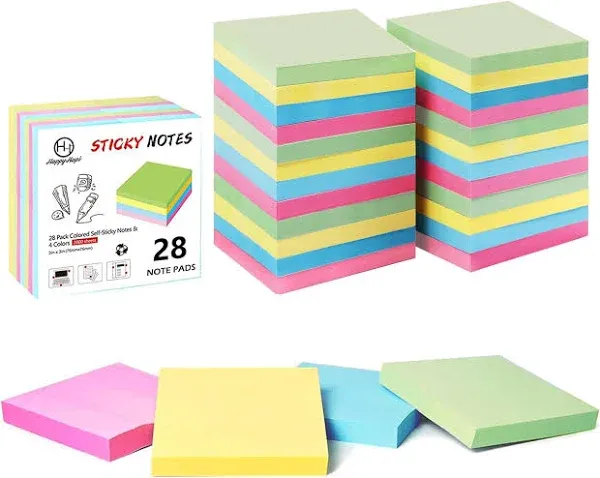 HappyHapi Sticky Notes 3x3 Inches 28 Pack