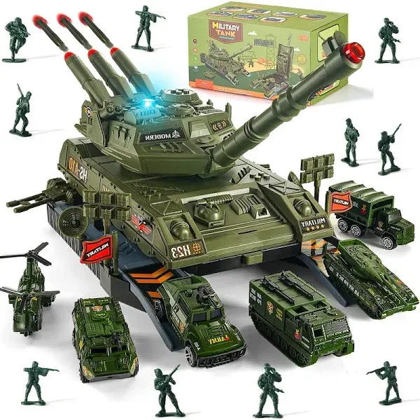 Homaisson Military Tank Toy Set Tank Battle Army Toys with 6 Army Vehicles Trucks Helicopter|Military Tank Toy with Realistic Light Sound and