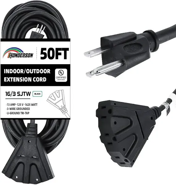 3-Outlets Indoor Outdoor Extension Cord Weatherproof, UL Listed, 16 Gauge 50FT Black 3 Prong Heavy Duty Extension Cord Multiple Outlets, 16/3 SJTW 13A Power Extension Cord