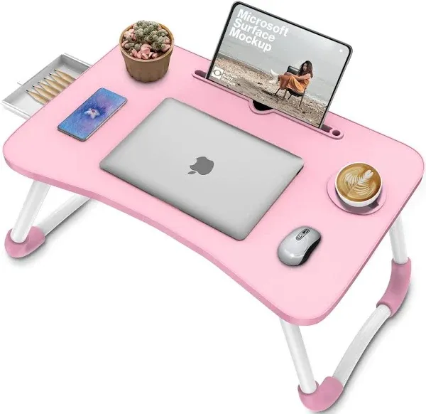  Lap Laptop Desk for Bed, Multi-Function Laptop Bed Table with Storage Pink