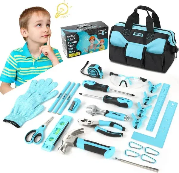 SHALL 26-Piece Kids Size Tool Set, Real Tools Kit for Kids with 12" Tool Bag, Safety Certified Children Learning Tool Set with Hand Tools for Boys & Girls Age 6+, DIY Building, Woodwork & Construction