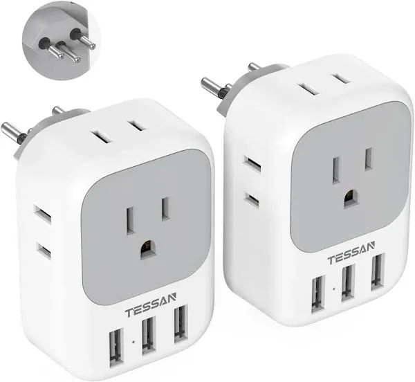 TESSAN Italy Power Adapter with 4 Outlets 3 USB Charger (1 USB C Port), Italy Travel Plug Adapter 2 Pack