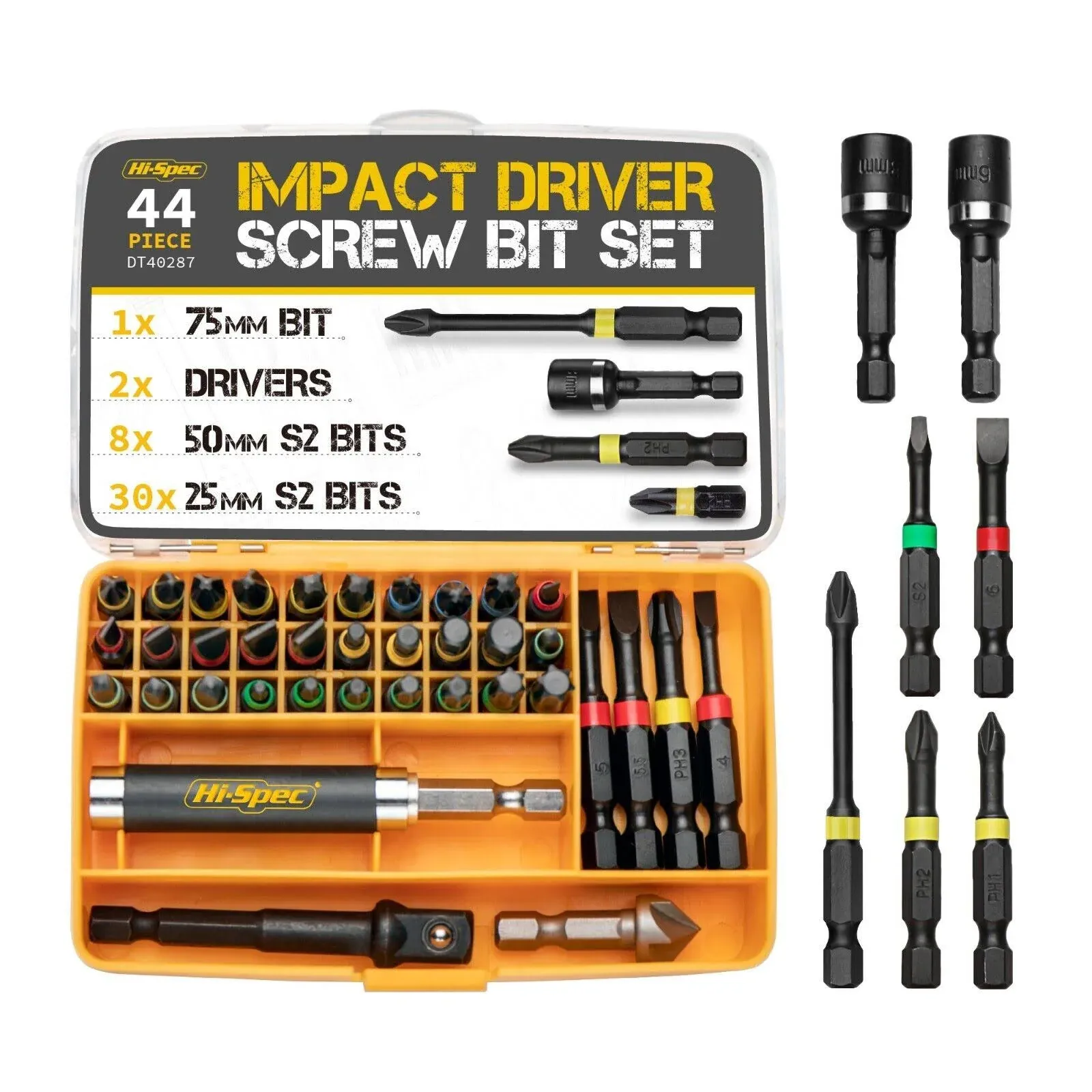 1/4” Impact Drill Screw Driver Nut Bit Magnetic Set Hex Shank 44pc Hi-Spec