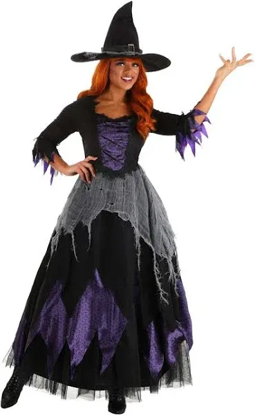 Midnight Purple Witch Women's Costume Ankle-Length Gown, Tattered Sleeves, Cheesecloth Skirt, Witch Hat