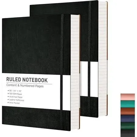 RETTACY Lined Journal Notebook, 2-Pack, 204 Numbered Pages per Pack, B5 Medium 7.6" × 10", Leather Softcover, 100 GSM Thick Paper, for Writing, Work, School (Black & Black)