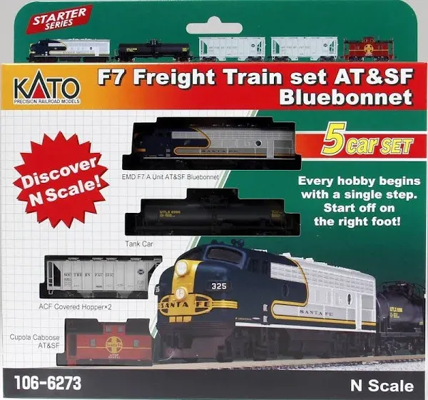 Kato ~ N Scale ~ Santa Fe ~ F-7 Freight Train Set  ~ F7A Bluebonnet & 4 Cars ~ 106-6273