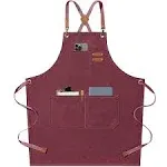 AFUN Chef Aprons for Men Women with Large Pockets, Cotton Canvas Cross Back Heavy Duty Adjustable Work Apron, Size M to XXL(Darkred)