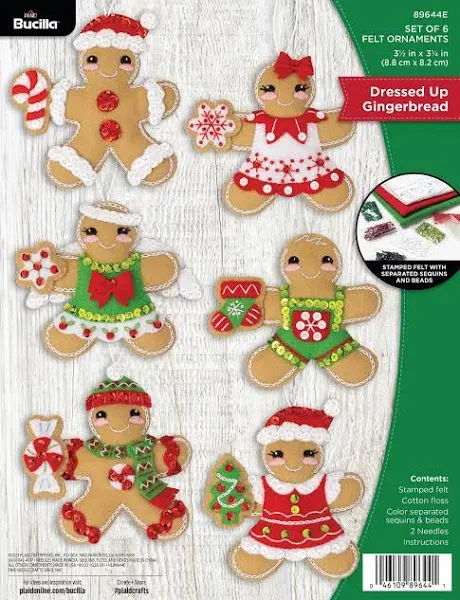 Bucilla, Dressed Up Gingerbread, Felt Applique 6 Piece Ornament Making Kit, Perfect for DIY Arts and Crafts, 89644E