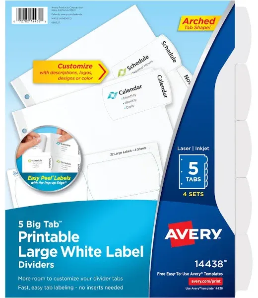 Avery Big Tab Printable Large Label Tab Dividers 5-Tab White 4 Sets 14438