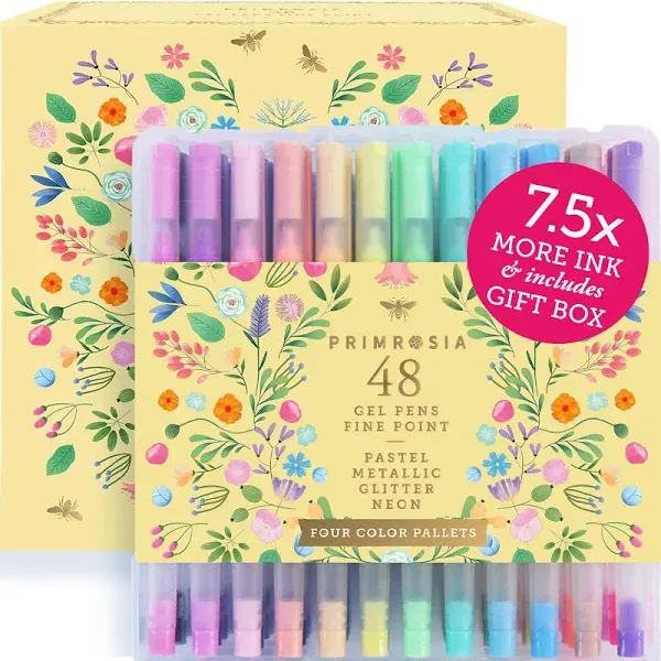 Primrosia 48 Glitter Gel Pens inc. Metallic Pastel & Flourescent for Adult Coloring Book & Bullet Journal Pens. No-Bleed-Through in a Variety of