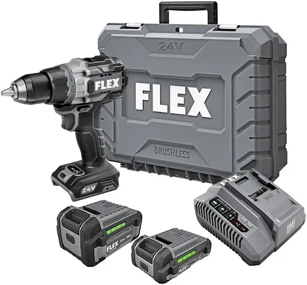 FLEX 24V Brushless Cordless 1/2-Inch 1,400 In-Lbs Torque 2-Speed Drill Driver Turbo Mode Kit with 2.5Ah, 5.0Ah Lithium Batteries and 160W Fast Charger - FX1171T-2B