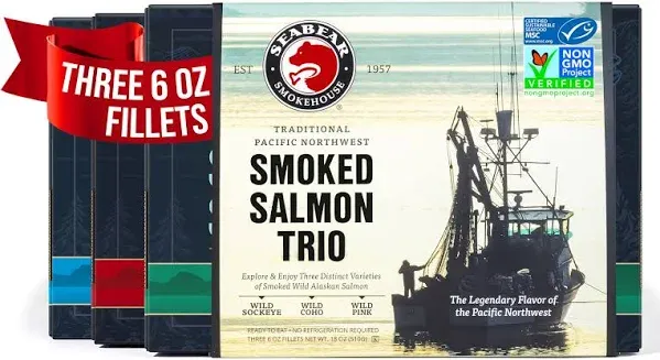 SeaBear - Premium Wild Alaskan Smoked Sockeye Coho and Pink Salmon Trio - 18oz