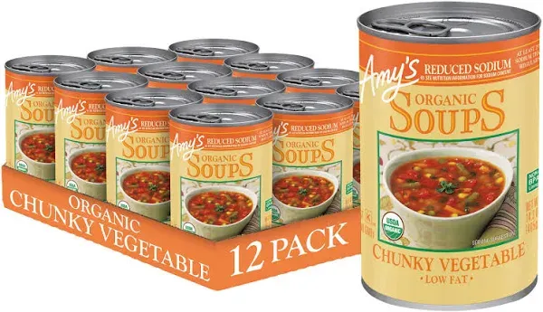 Amy’s Soup, Vegan Reduced Sodium Chunky Vegetable Soup, Gluten Free, Made With Organic Vegetables, Canned Soup, 14.3 Oz (12 Pack)