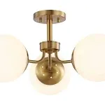 Jonathan Y JYL7600A Olivier 23.5 in. 3-Light Brass Gold Bohemian Farmhouse Iron/Frosted Glass LED Semi Flush Mount, White