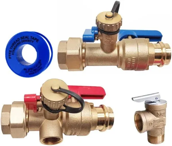 3/4 inch Press Tankless water heater isolation service valve kit with pressure relief valve, clean brass FEMALE THREADED X PRESS, 3/4" Service Installation Valve for Rheem, Rinnai, Takagi, EcoSmart