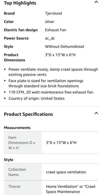 Tjernlund V1 UnderAire Crawl Space Fan Ventilator