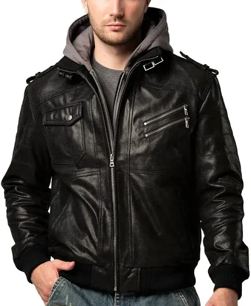 FLAVOR Men Brown Leather Motorcycle Jacket with Removable Hood