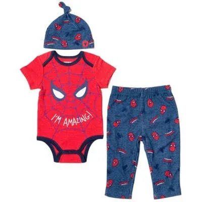 Marvel Avengers Spider-Man Infant Baby Boys Bodysuit Pants and Hat 3 Piece Outfit Set Newborn to Infant