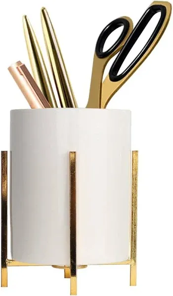 pencil cup Sturdy metal frame with white ceramic pen holder For 4.5inch Gold