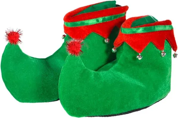 Skeleteen Red Green Elf Shoes Red and Kids Green Velvet Holiday Elf Feet Slippers with Jingle Bells for Adults and