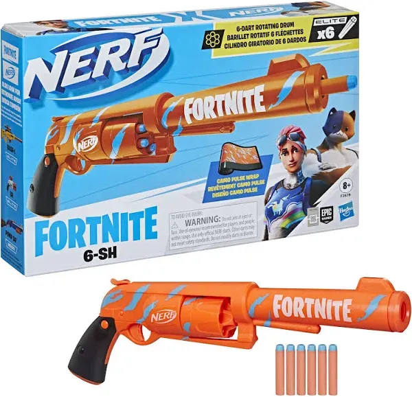 NERF Fortnite 6-SH Dart Blaster: Camo Pulse Wrap, 6 Darts, Rotating Drum