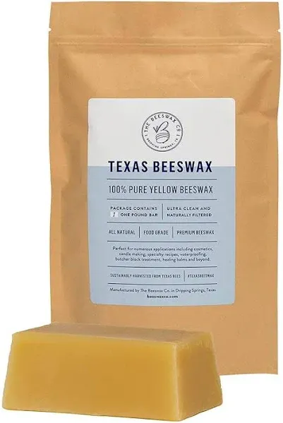 The Beeswax Co Pure Texas Beeswax Block - Ultra Clean - Naturally Filtered & Honey Scented - Premium Food Grade Yellow Beeswax For Candles, Butcher Blocks, Etc - Organic Bees Wax Bars - 1lb