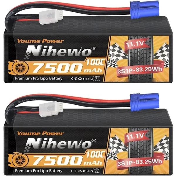 Nihewo 3S Lipo Battery 2Packs RC Battery 111V 7500mAh 100C 3S Lipo Hard Case EC5 Connector Compatible with Arrma Axial Losi 1