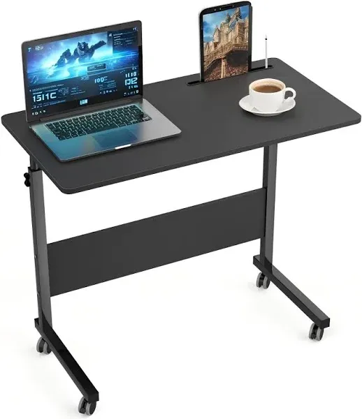 soges Rolling Laptop Desk Cart Height Adjustable, 31.5 inches Mobile Sofa Side Table with Tablet Slot, Portable Standing Laptop Table Desk, Small C Table for Sofa Couch Bed, Black