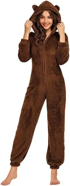 chouyatou Women's Ultra Comfy Lounge Furry Sherpa Romper Onesie Pajamas Cute Ear Hood