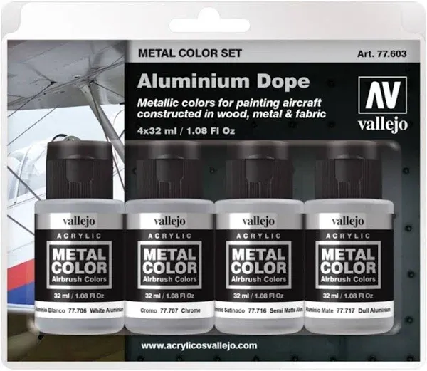 Vallejo Aluminum Dope Metal Color Airbrush Paints (4) 32mm Bottle Set  77603