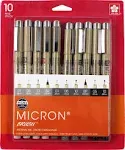 Sakura Pigma Micron Pens - Grays and Black, Assorted Sizes, Set of 10