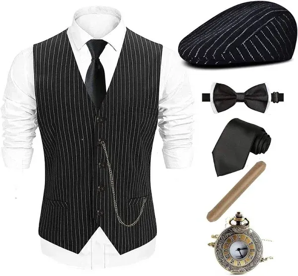 1920s Mens Costume Fedora Hat, Gatsby Gangster Vest,Vintage Pocket Watch, Pre...