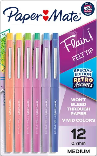 Flair Felt Tip Pens, Medium Point 0.7mm, Assorted Colors, Retro Edition, 12-Pack