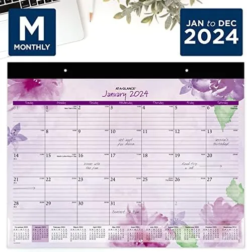 AT-A-GLANCE Beautiful Day Desk Pad Calendar, Floral Artwork, 21.75 x 17, Assorted Color Sheets, Black Binding, 12-Month (Jan-Dec): 2025